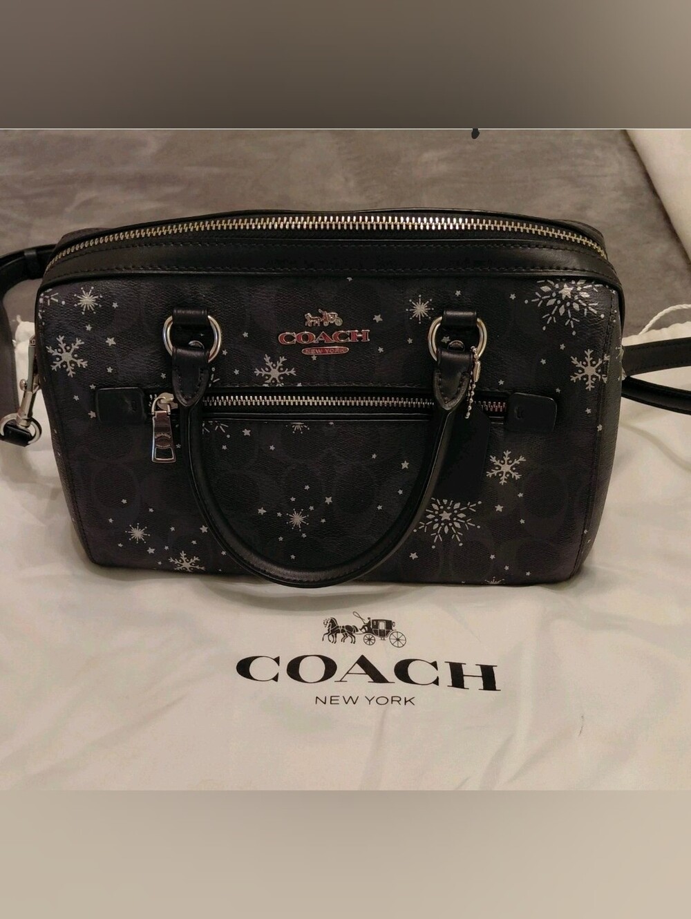 Coach Satchel Navy With Logo And White Snowflakes. Beautiful Bag. Almost New.